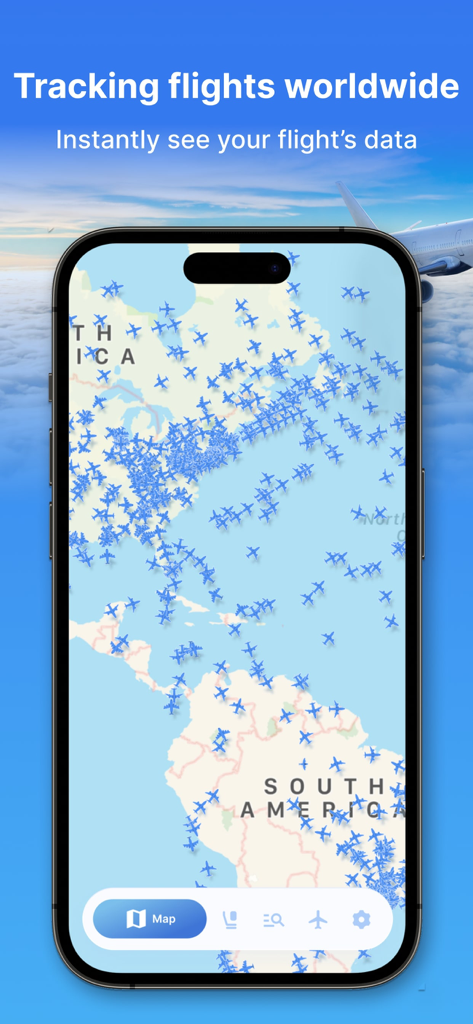 Mappa di tracciamento voli mondiale in tempo reale che mostra numerose posizioni di aeromobili su uno smartphone