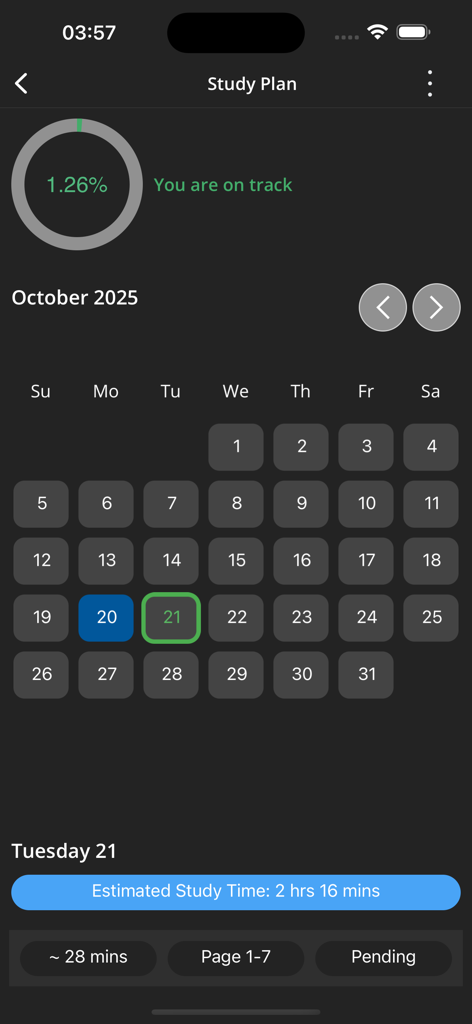 TestDriller UTME - 월별 달력과 진행률 표시기가 있는 TestDriller UTME 학습 계획 화면