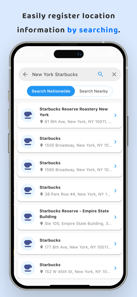 Uma interface móvel do aplicativo MyMap mostrando resultados de busca para locais da Starbucks na cidade de Nova York