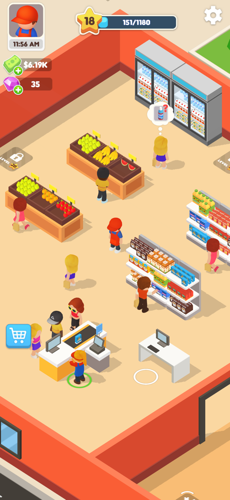 My Supermarket! - Isometric view of a supermarket management game showing customers shopping and a checkout area
