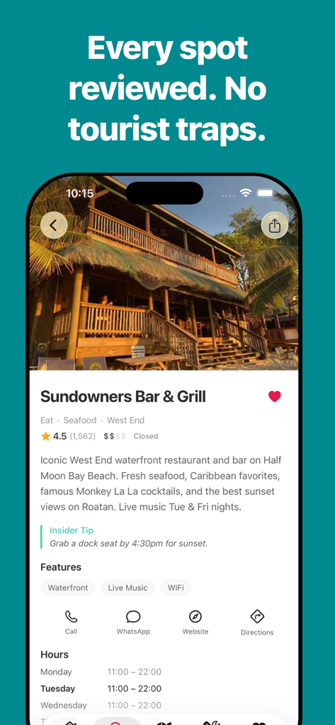 Roatán Insider - Pantalla de la aplicación Roatan Insider mostrando una reseña detallada de un restaurante para Sundowners Bar and Grill con consejos de expertos.