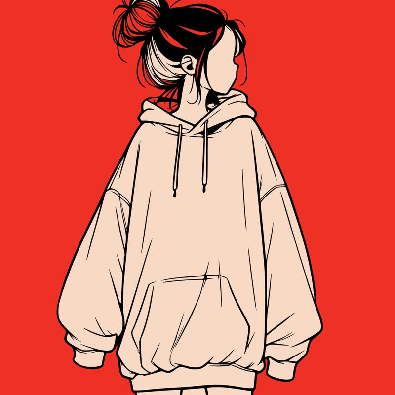 realistic girl with a oversized sweatshirt on and a bun