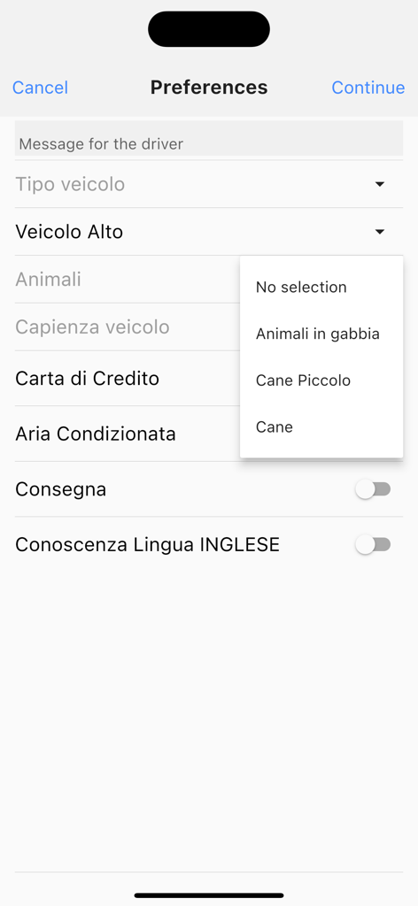 Interfaz de la aplicación Taxi Move que muestra preferencias de viaje que incluyen conductor que habla inglés y opciones que admiten mascotas.