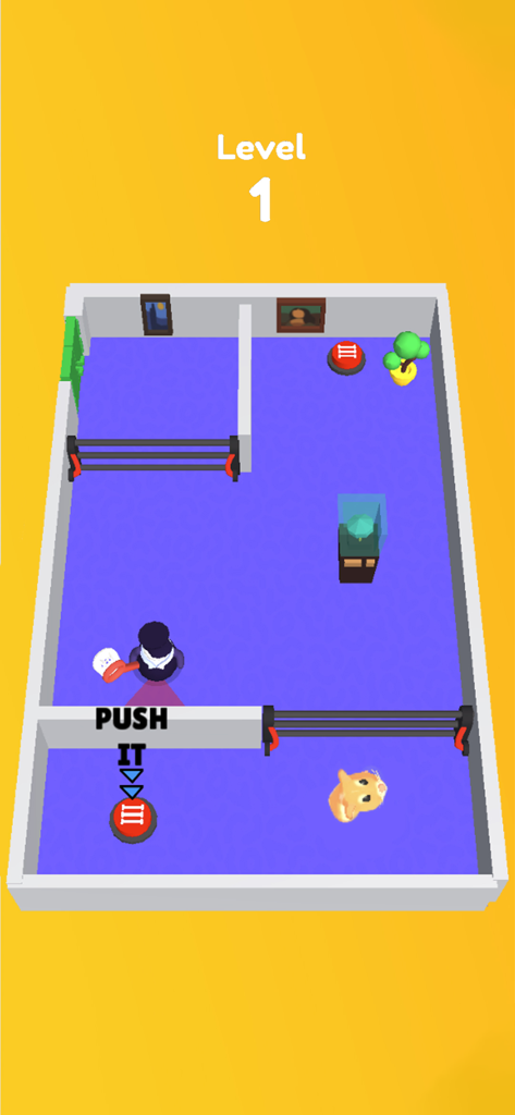 Hamster Dash: Puzzle Maze! - Level 1 gameplay of Hamster Dash showing a cute hamster in a puzzle maze avoiding a guard with a flashlight.