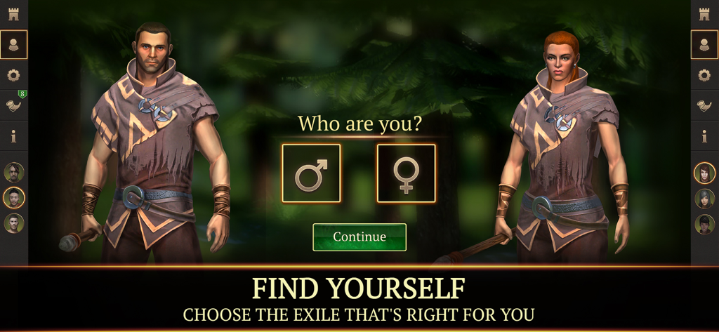 Stormfall Saga of Survival의 캐릭터 선택 화면, 남성 및 여성 추방자 옵션 표시