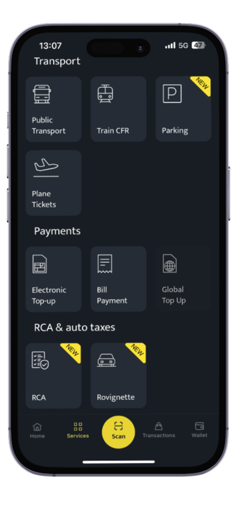 24pay app services screen displaying options for public transport train tickets parking bill payments and insurance