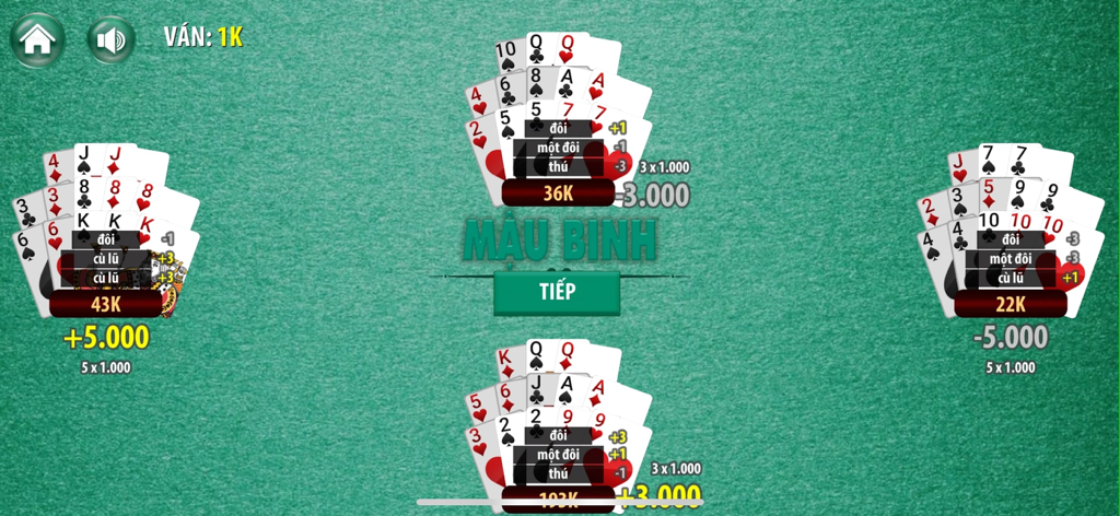 Tiến Lên - Tien Len - A gameplay screenshot of the Vietnamese card game Mau Binh showing four players hands on a green table