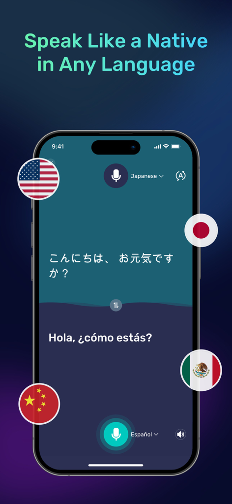 AI Phone app interface showing real-time voice translation between Japanese and Spanish