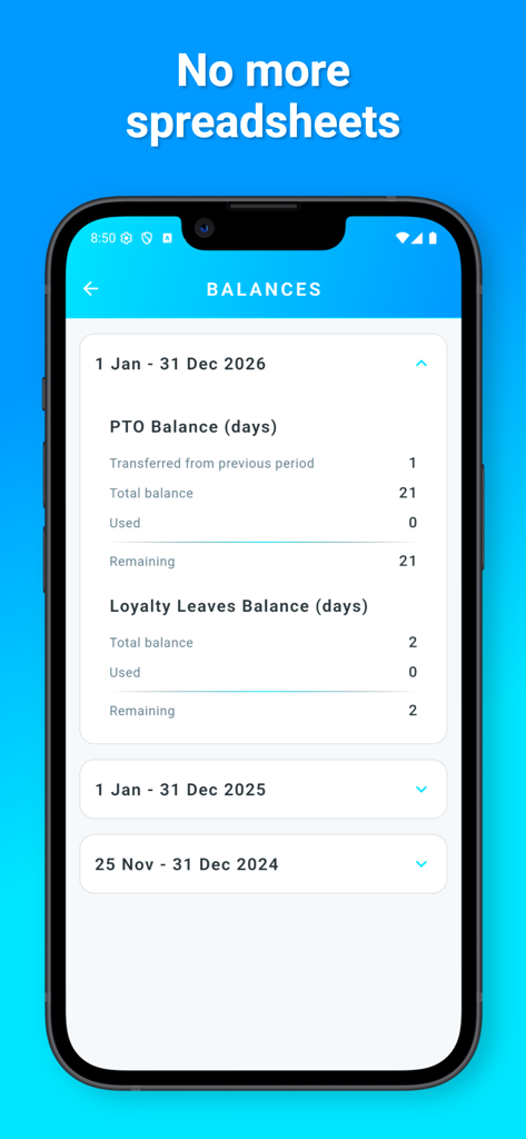 PTO/Time Off Tracker - A mobile phone screen displaying the PTO and loyalty leave balances within the Time Off Tracker app