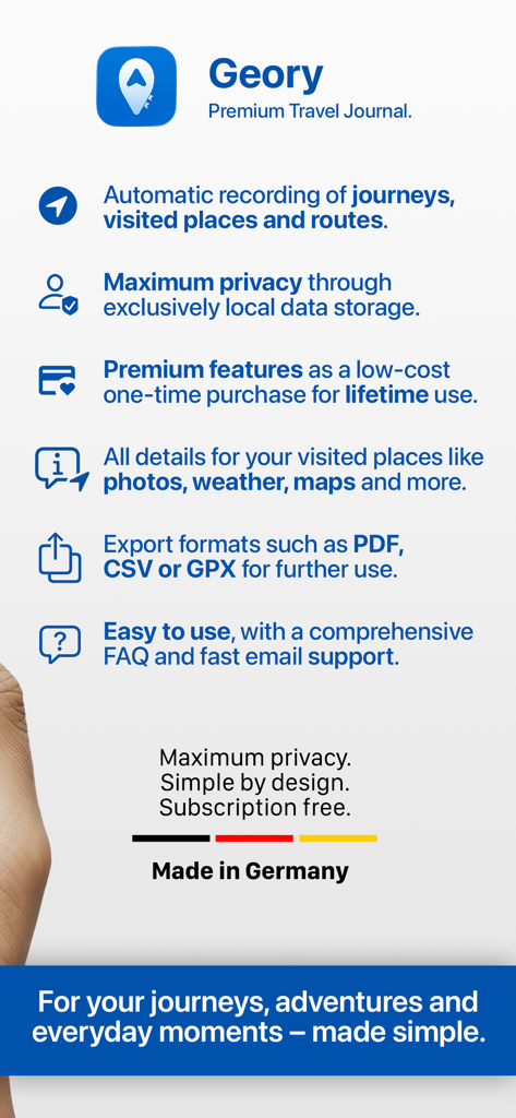 Geory – Premium Travel Journal - Summary of Geory app features highlighting automatic recording privacy and one-time purchase