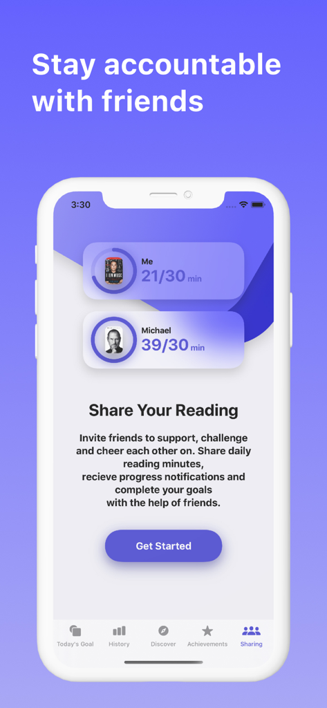 Read - Book Tracker - Screenshot of the Read Book Tracker app showing a social feature to stay accountable with friends and share daily reading minutes progress