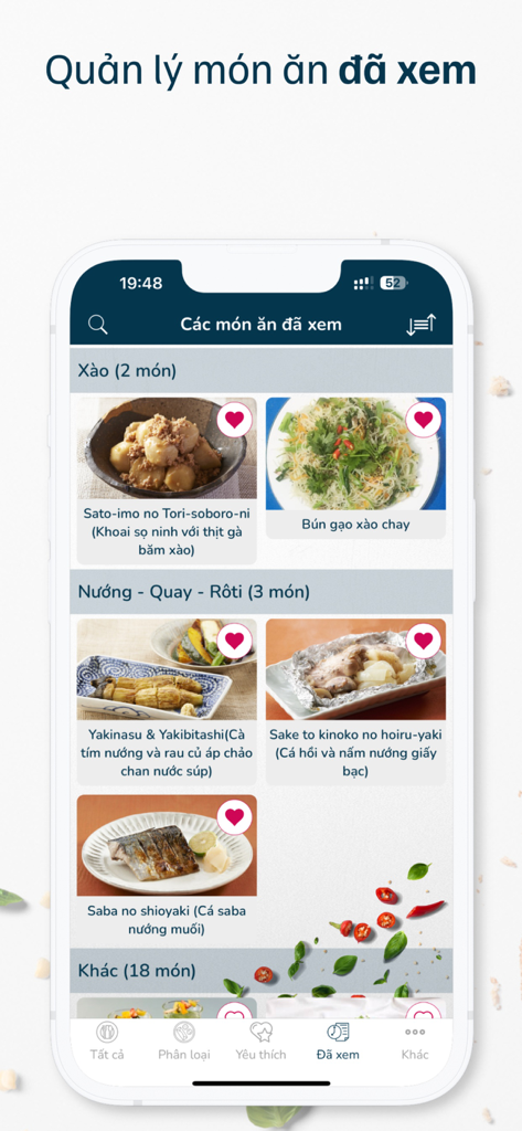 Món ăn ngon mỗi ngày - Smartphone display showing the recently viewed recipes screen in a Vietnamese cooking app