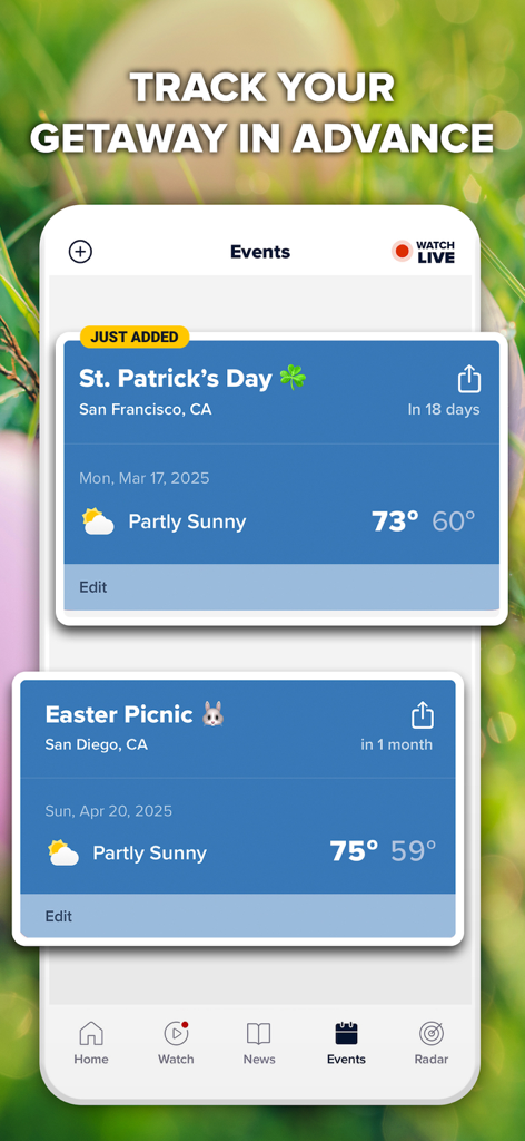 FOX Weather: Daily Forecasts - A screenshot of the FOX Weather app showing a long-range forecast for events like St Patricks Day and an Easter Picnic.