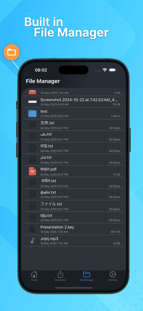 WiFi File Transfer: TECHPRD - Interfaz de la aplicación Transferencia de Archivos WiFi mostrando el administrador de archivos incorporado con una lista de documentos y archivos multimedia cargados.