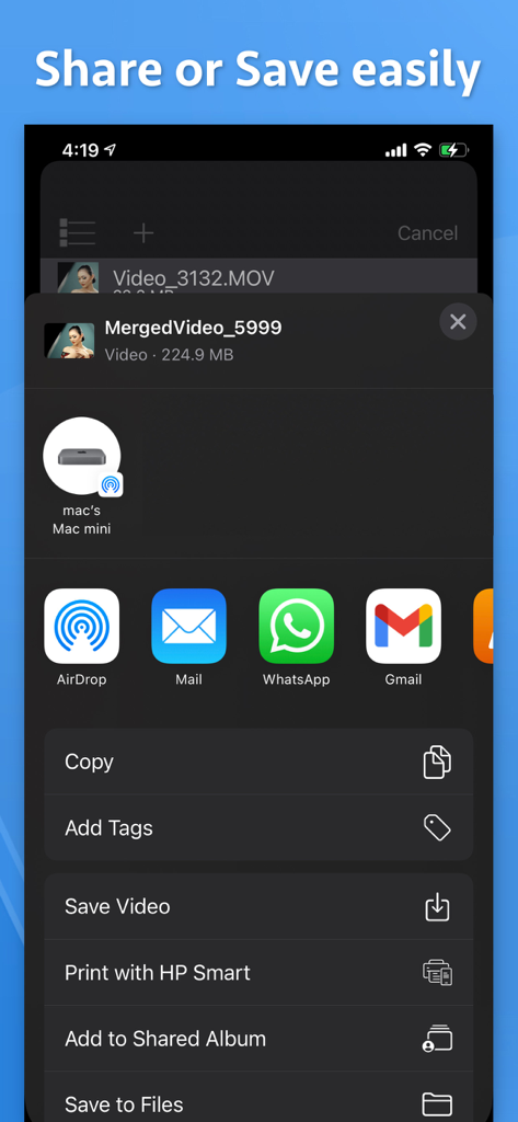 Video Joiner & Merger - Menú compartir de iOS mostrando opciones para guardar o compartir un video fusionado desde la aplicación