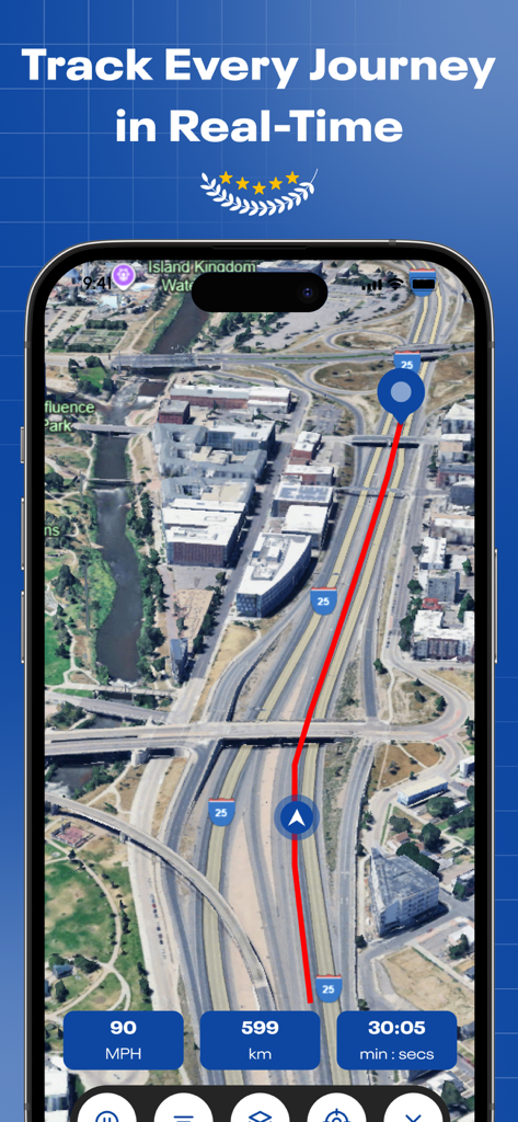 Smart Truck Route Nav - IFTA - Smart Truck Route Nav App zeigt die Echtzeit-Routenverfolgung auf einer 3D-Satellitenkarte mit Geschwindigkeits- und Distanzangaben an