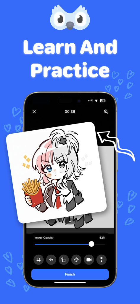 Drawee: AR Drawing - Smartphone screen showing Drawee app interface with an anime character reference and image opacity settings for AR drawing practice