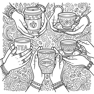 Embrace warmth and comfort with this delightful coloring page showcasing various hands gently cradling cups of coffee and tea. It's a perfect way to unwind and add your personal touch to these heartwarming scenes.
