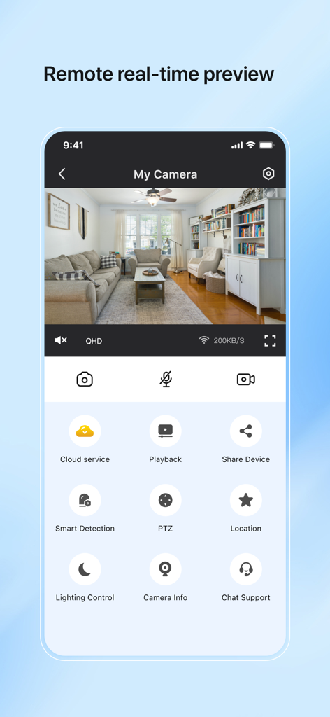 IVY Smart - Interface do aplicativo IVY Smart mostrando uma prévia de câmera em tempo real de uma sala de estar com recursos de controle remoto