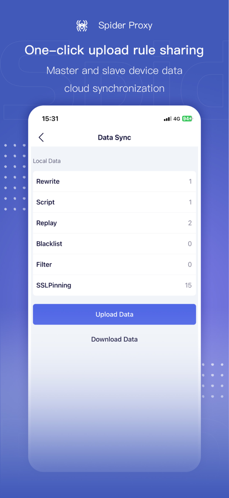Écran de l'application Spider Proxy montrant les options de synchronisation des données pour le partage dans le cloud entre appareils