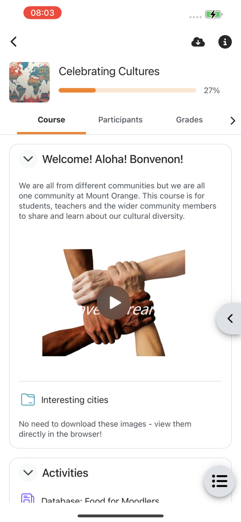 Interface de l'application mobile Moodle montrant un module de cours sur la diversité culturelle avec un suivi de progression