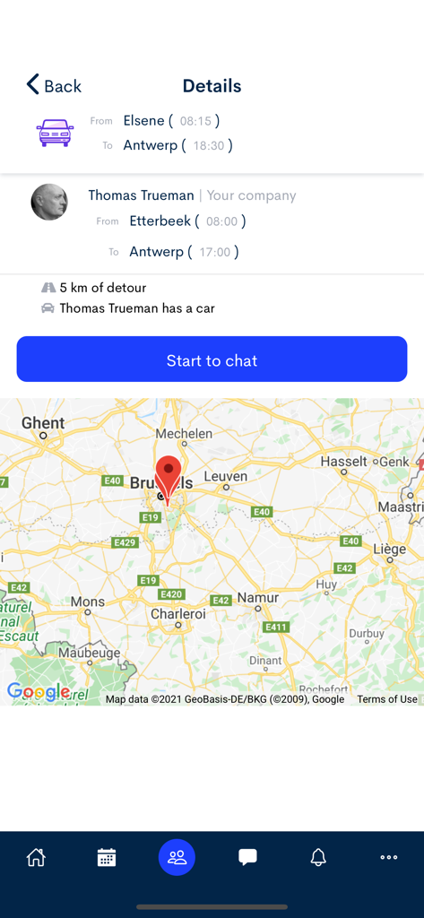 Commuty - Interface of the Commuty app displaying carpool ride details between employees with an interactive map