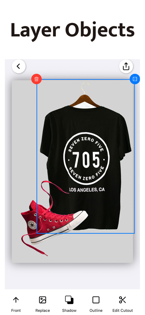 Interface d'application mobile montrant la superposition d'un t-shirt noir et d'une basket rouge pour la retouche photo de produits