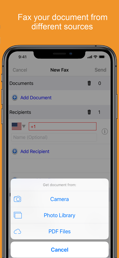 Snapfax:  Pay-as-you-go Fax - A smartphone screen showing Snapfax app options to upload documents from camera photo library or PDF files