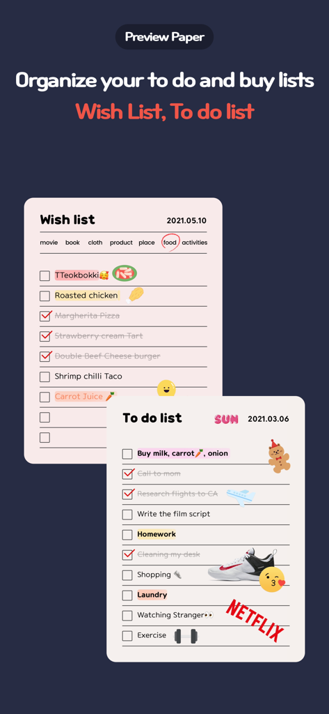 Memong - Digital stationery showing aesthetic wish list and to do list templates decorated with cute stickers