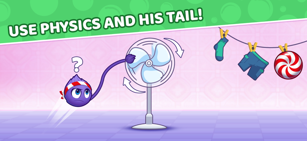 Catch the Candy 2 - Fluffy using his extendable tail to interact with an electric fan in a physics puzzle level.