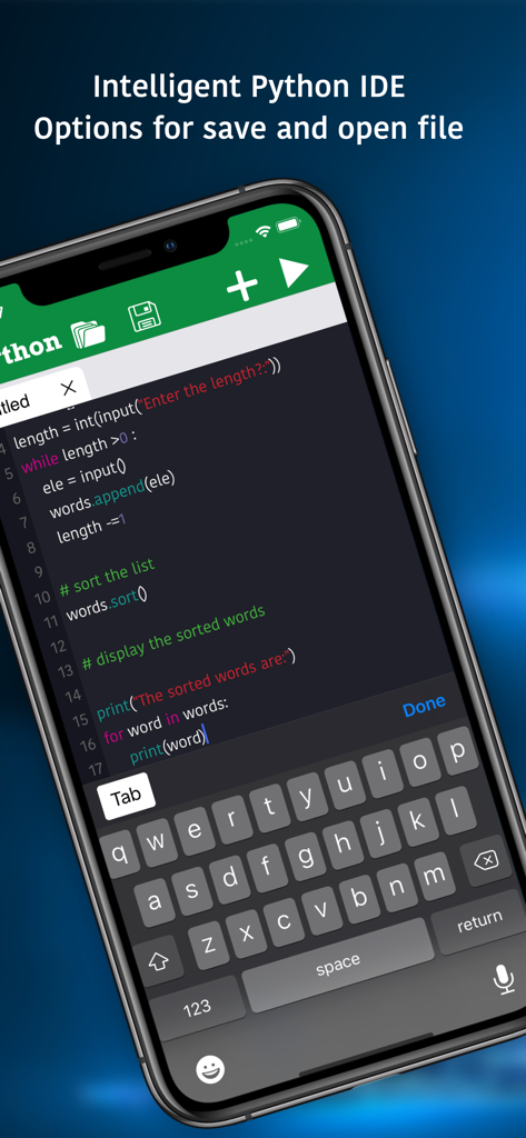 Python 3 - 아이폰에서 구문 강조 표시 및 파일 관리 옵션이 있는 코드 편집기를 보여주는 Python 3 모바일 앱