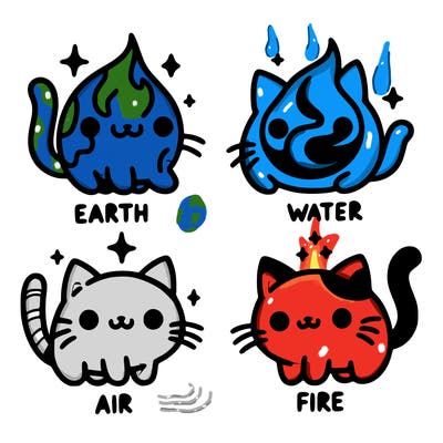 4 cats that represent the different elements, earth, water, air, and fire