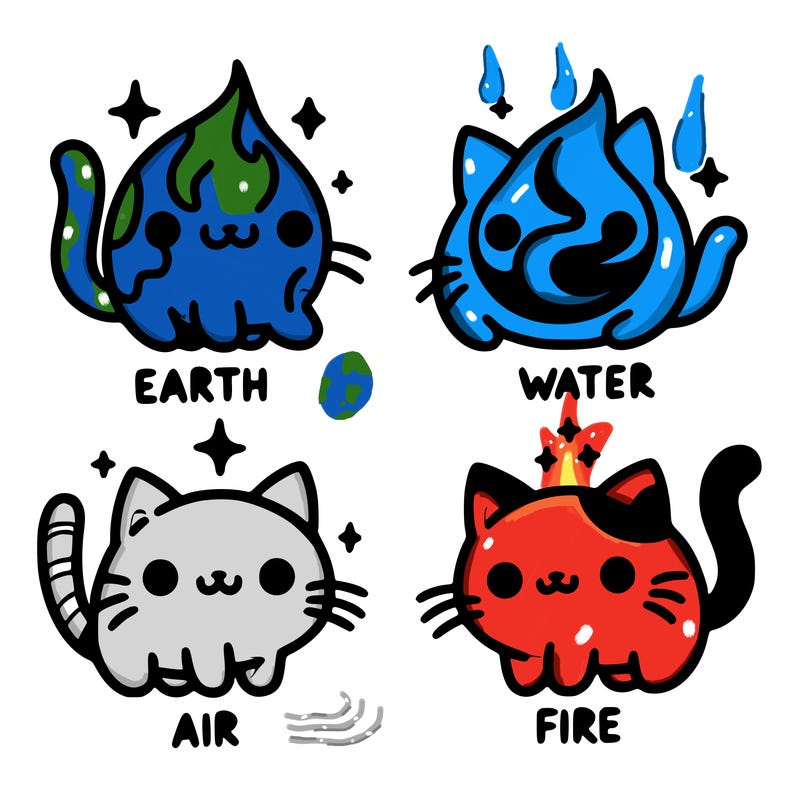 4 cats that represent the different elements, earth, water, air, and fire