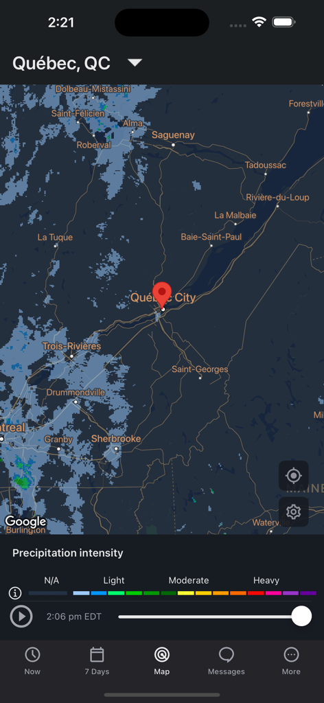 WeatherCAN - Mappa radar delle precipitazioni per la città di Quebec sull'app mobile WeatherCAN