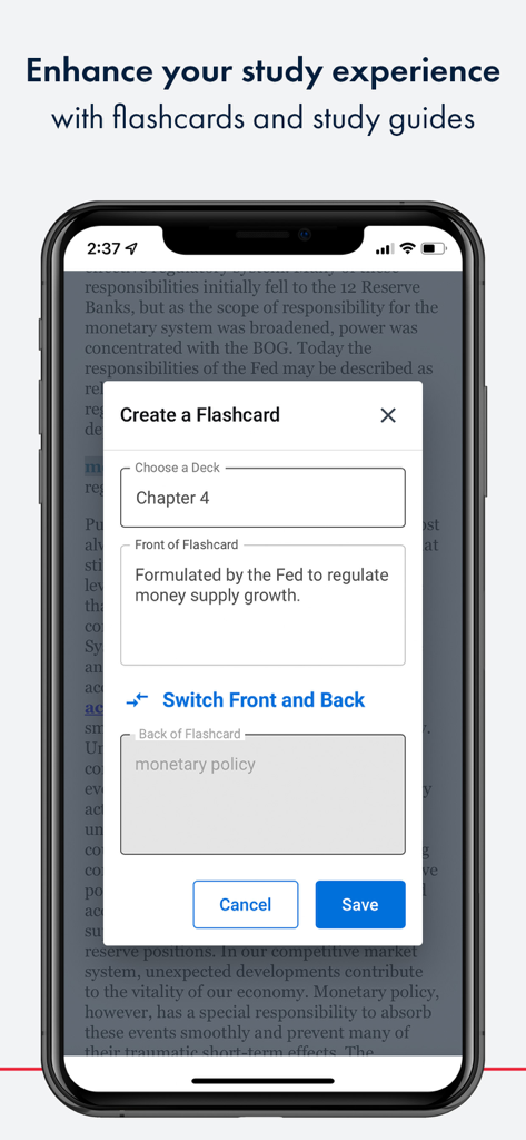 RedShelf - RedShelf app interface showing the creation of a study flashcard within a digital textbook.