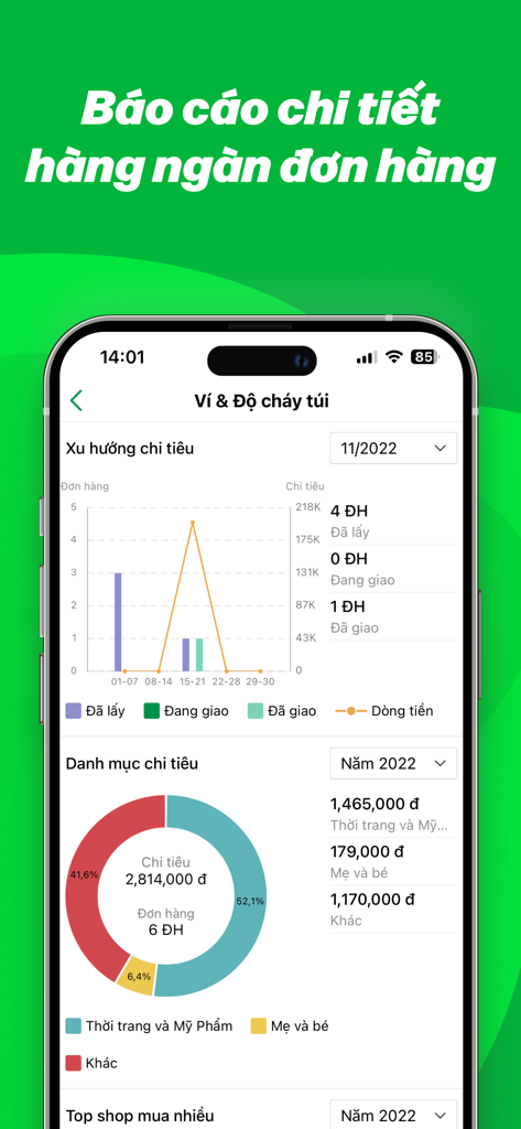 iGHTK & Tra cứu đơn hàng - iGHTK app screenshot showing detailed order reports and spending trends with bar and donut charts