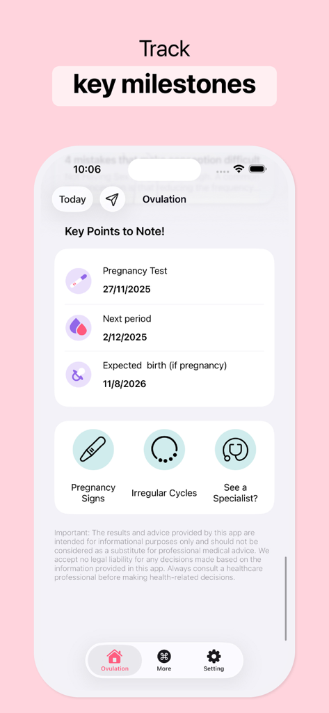 Track Ovulation, Conceive - Mobile app screen displaying pregnancy test dates and expected birth milestones
