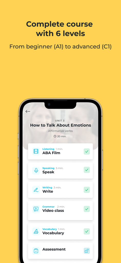 ABA English - Learn English - ABA Englishアプリのインターフェース。A1からC1までのレベルに対応した、リスニング、スピーキング、文法タスクを含むユニットレッスンプランが表示されています。
