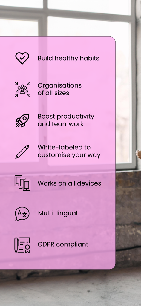 StepSense - Una lista de las características de la aplicación StepSense que incluyen hábitos saludables, mejora de la productividad, marca blanca y cumplimiento de GDPR