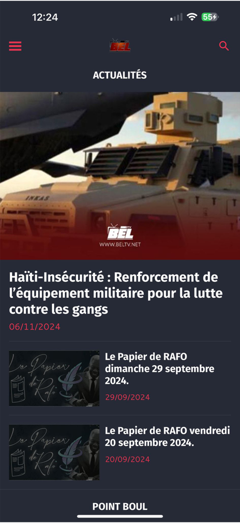Bel Tv - Interface do aplicativo de notícias Bel Tv exibindo um feed de notícias com artigos em francês