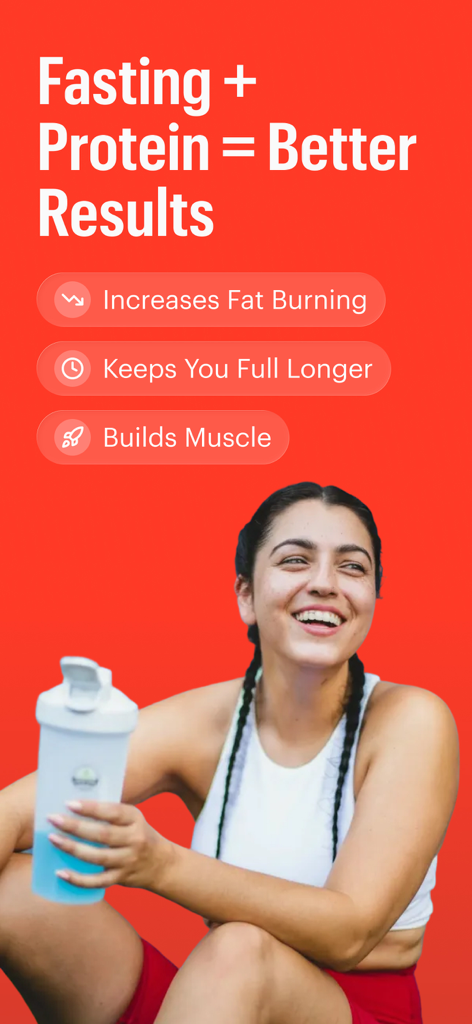Zero: Fasting & Food Tracker - Gráfico promocional de la aplicación Zero que muestra a una mujer sonriente con un mezclador de proteínas y texto sobre los beneficios del ayuno y las proteínas.