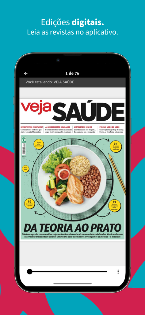 Digital health magazine edition on the Veja Saude app showing a nutritional plate
