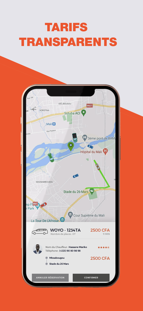 Woyo I Bora I Sera - Interface de l'application Woyo montrant une carte de Bamako avec les emplacements des chauffeurs professionnels et les tarifs transparents en FCFA.