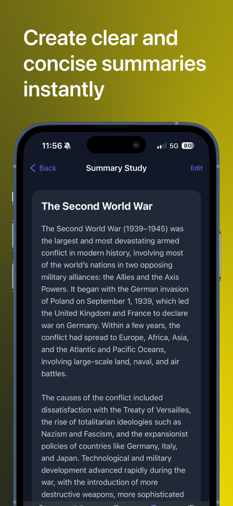 StudyOS: Study with AI - StudyOSアプリのインターフェース。iPhoneでAI生成された歴史ノートの要約が表示されています。