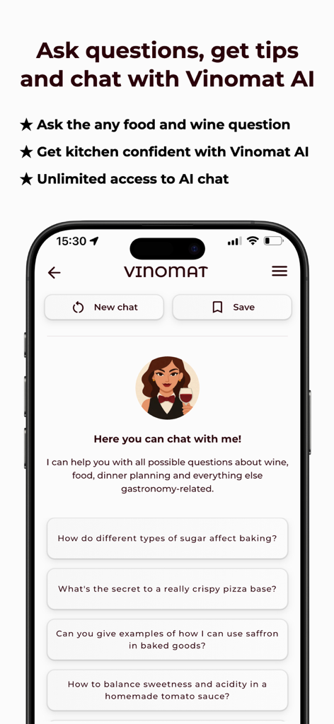 Vinomat app interface showing the AI sommelier chat for food and wine tips