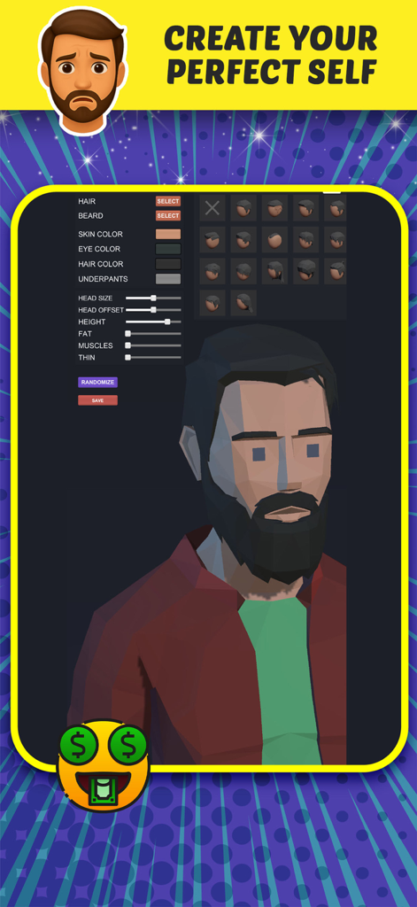 Enclaver - Life Simulator - Character customization screen in Enclaver Life Simulator featuring various physical appearance options and a low poly avatar preview