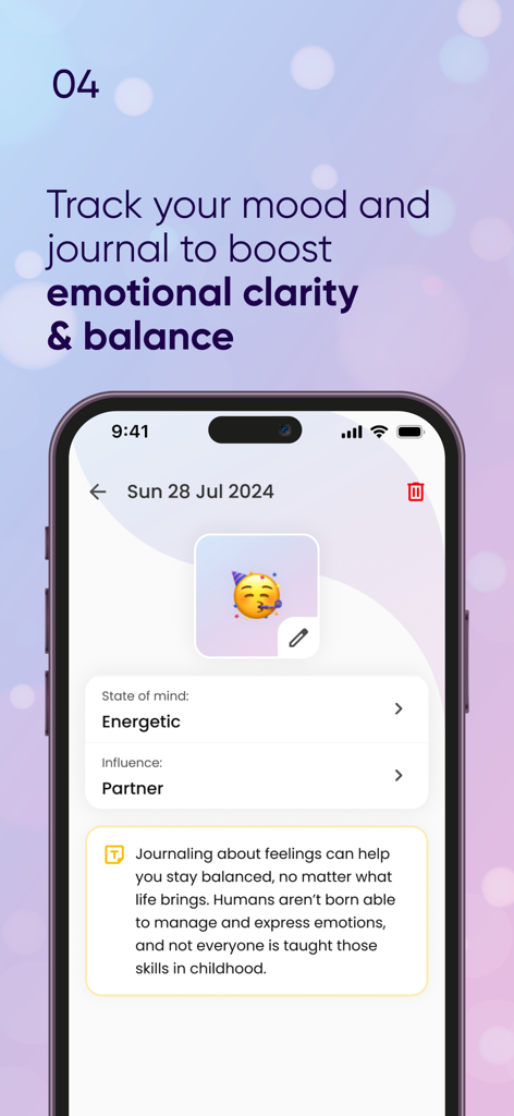 Relatio: Paired Relationship - Captura de tela do aplicativo Relatio mostrando o acompanhamento de humor e o diário para clareza emocional em relacionamentos