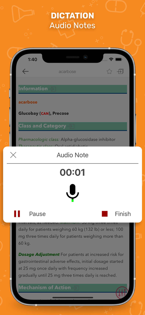 Nurse’s Drug Handbook - Audio notes dictation feature in the Nurse's Drug Handbook mobile app showing a voice recording interface.
