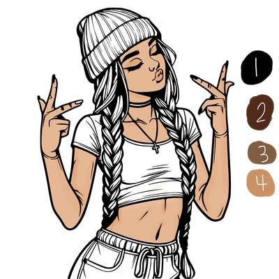 realistic teenage girl with braids and a beanie and crop top doing 🫶🏼
