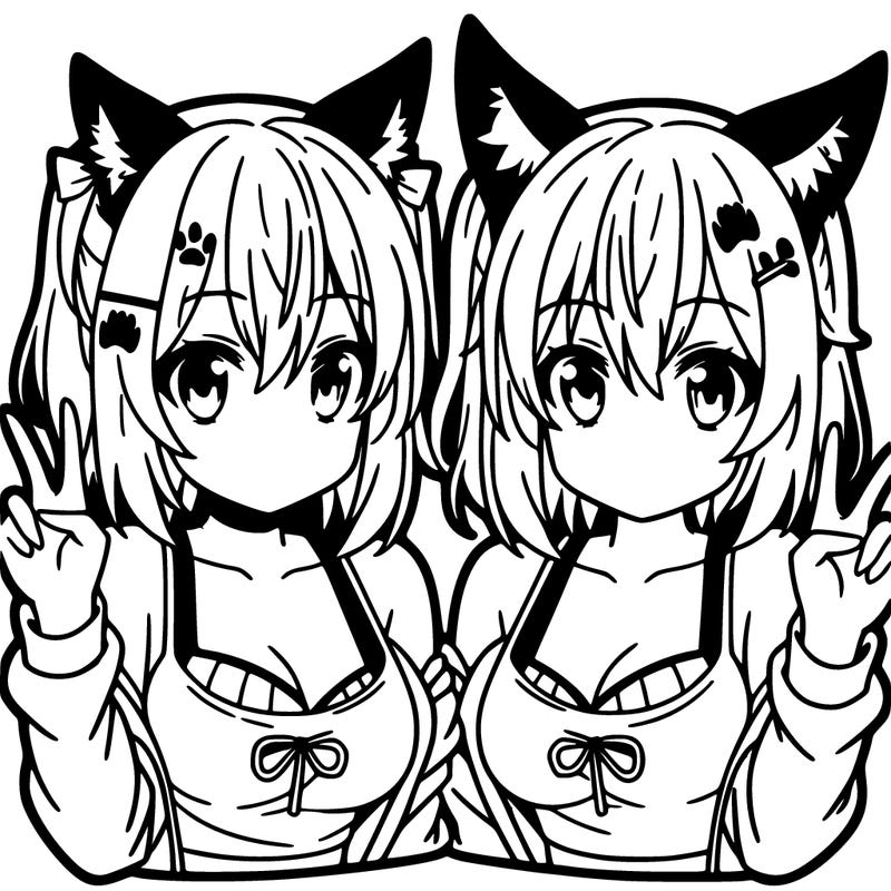 anime twin girls doing peace sign with pointy dog ears head band with dog tail